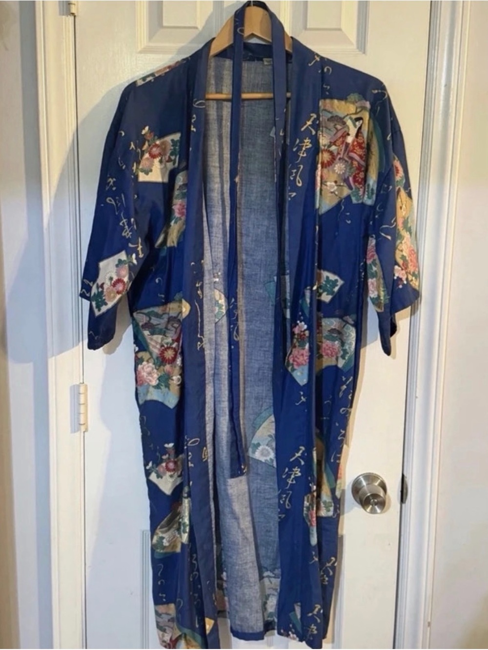 Vintage Japanese Blue Kimono Robe Geisha Floral Print 100% Cotton Size 12 Yukata